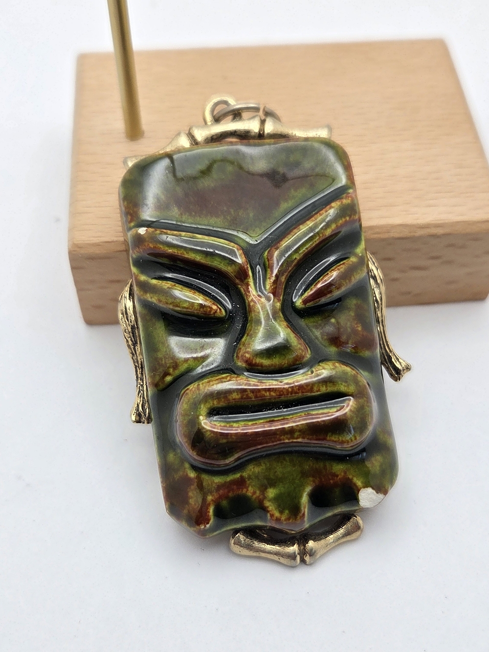 Vintage Mid-Century Tiki God Mask Ceramic Pendant Statement Charm